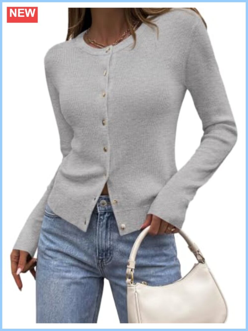 Fitted Cropped Cardigan Sweater Button Down Crewneck Ribbed Knit